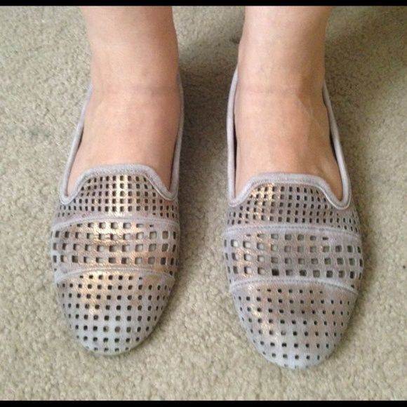 Perforated Leather Metallic Loafer Flats - Picture 1 of 4
